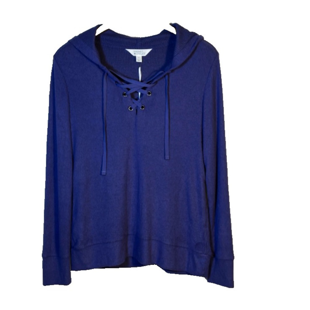 NWT Market & Spruce‎ Allison Lace Up Ribbed Brushed Knit Hoodie Navy Small - Picture 3 of 10